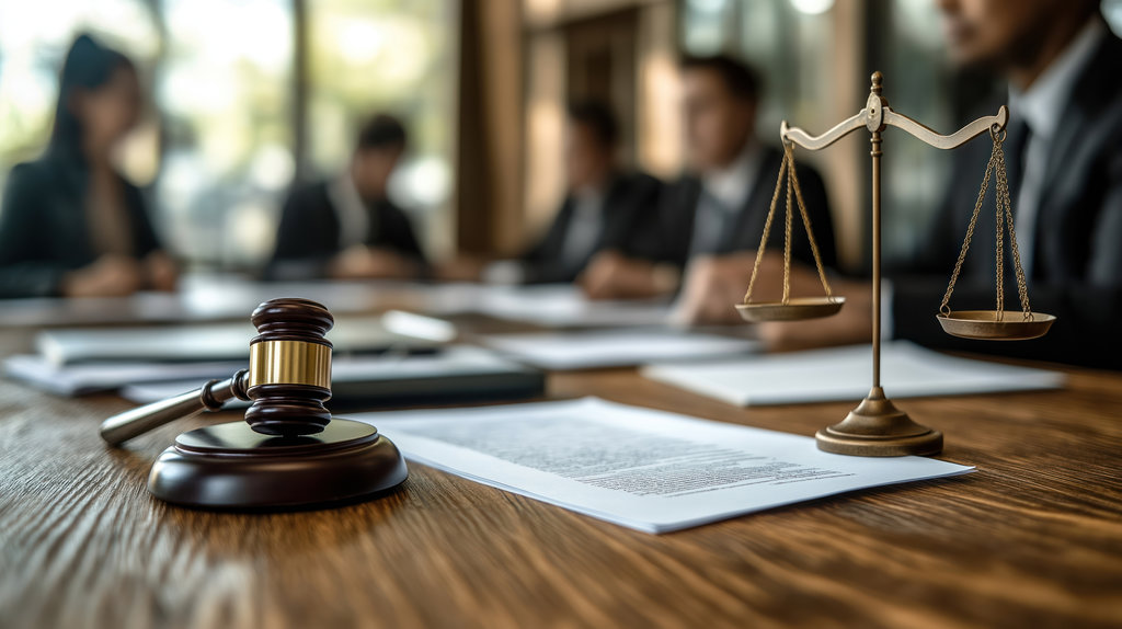 Lawyers, officials gather around table for discussion. Documents related to legal cases spread out. Gavel scales of justice symbolize importance of decisions. Serious deliberation happens in